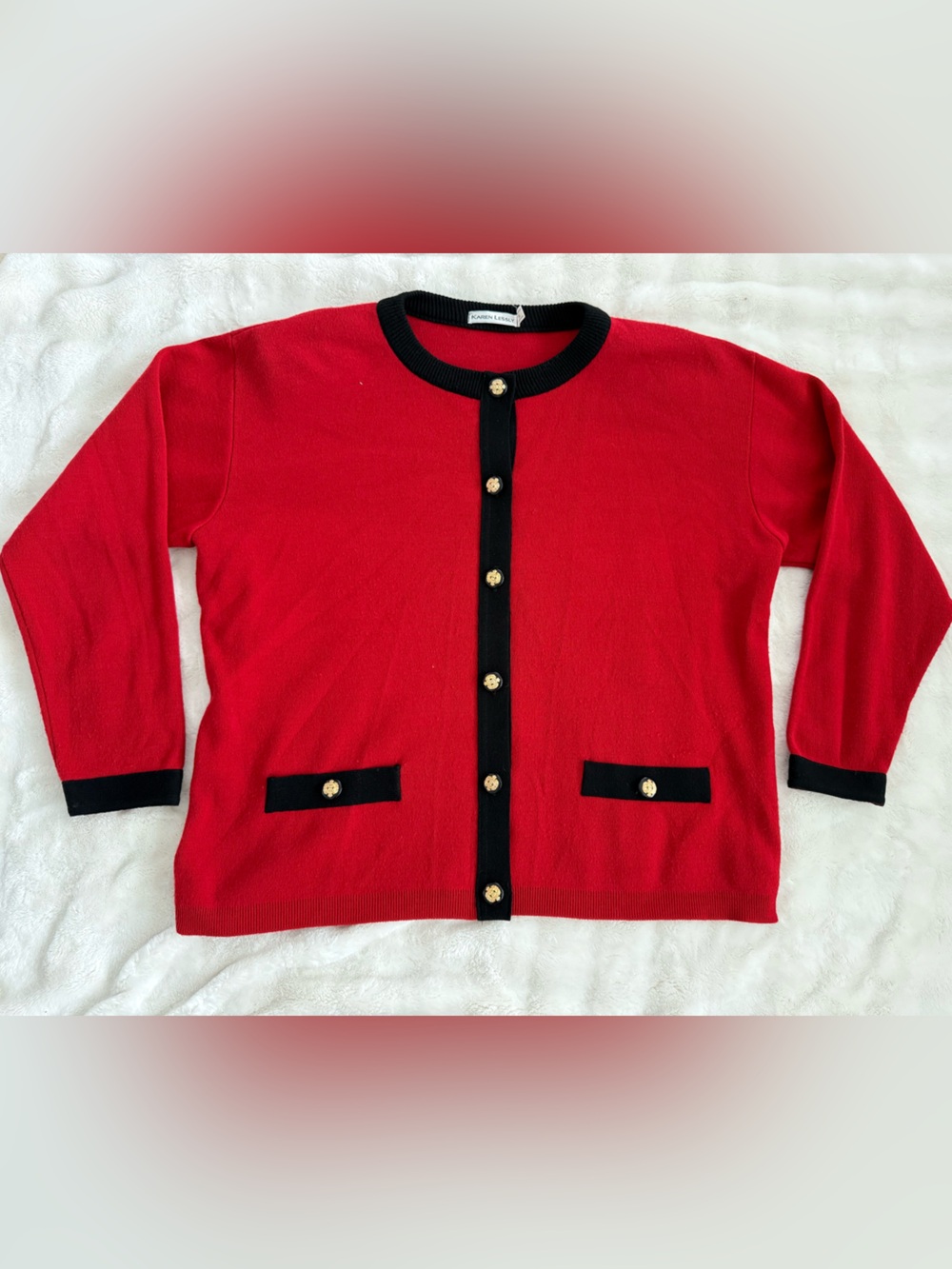 Vintage 80s Karen Lessly Red Black Cardigan Shoulder Pads XL